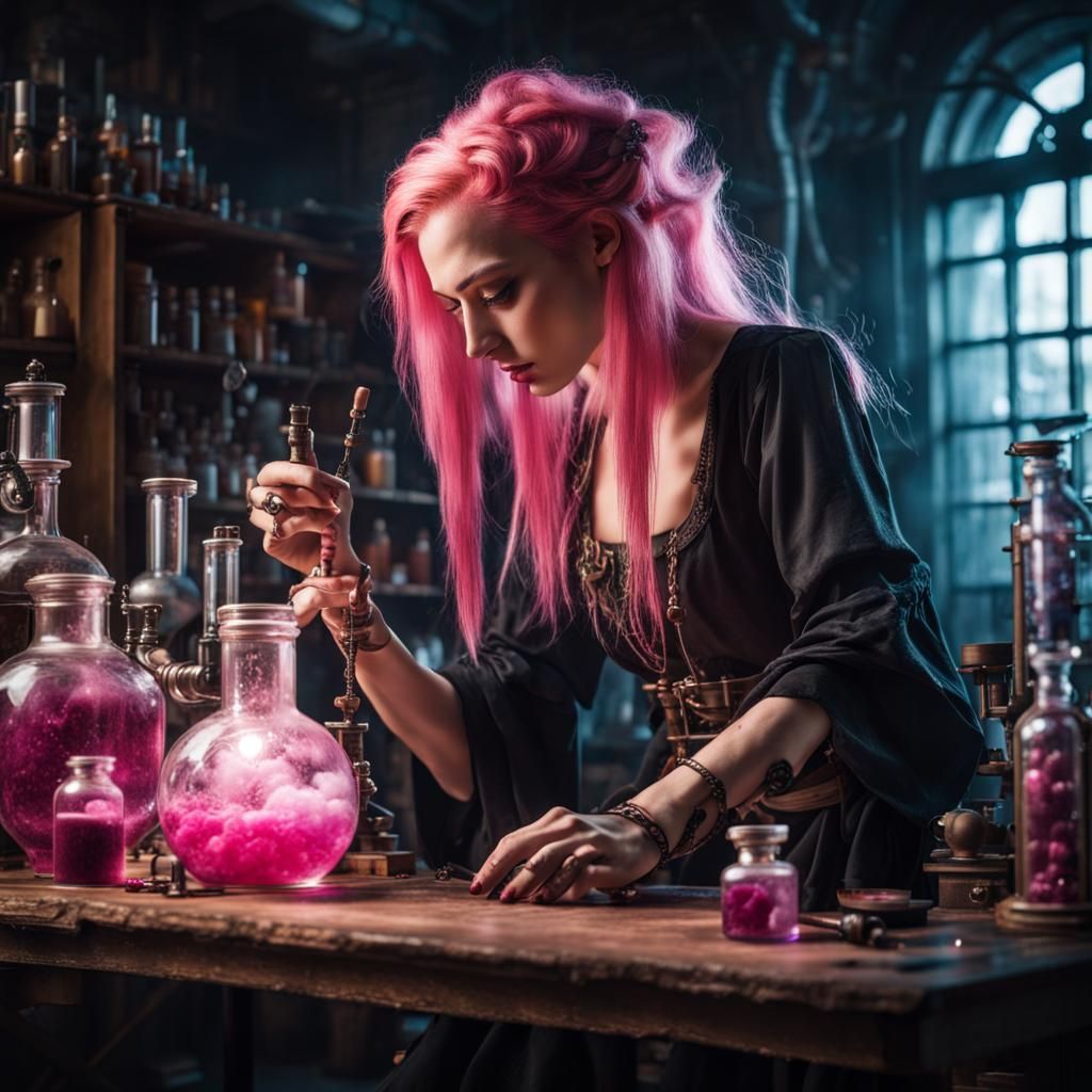 Cyberpunk Alchemist Girl Making Potions
