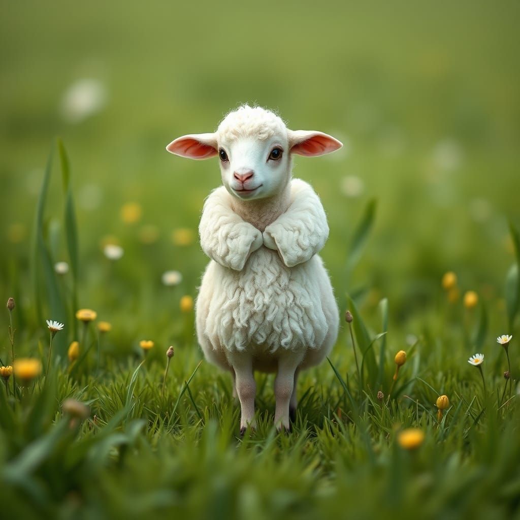 Lamb in Meadow, Whimsical Storybook Illustration