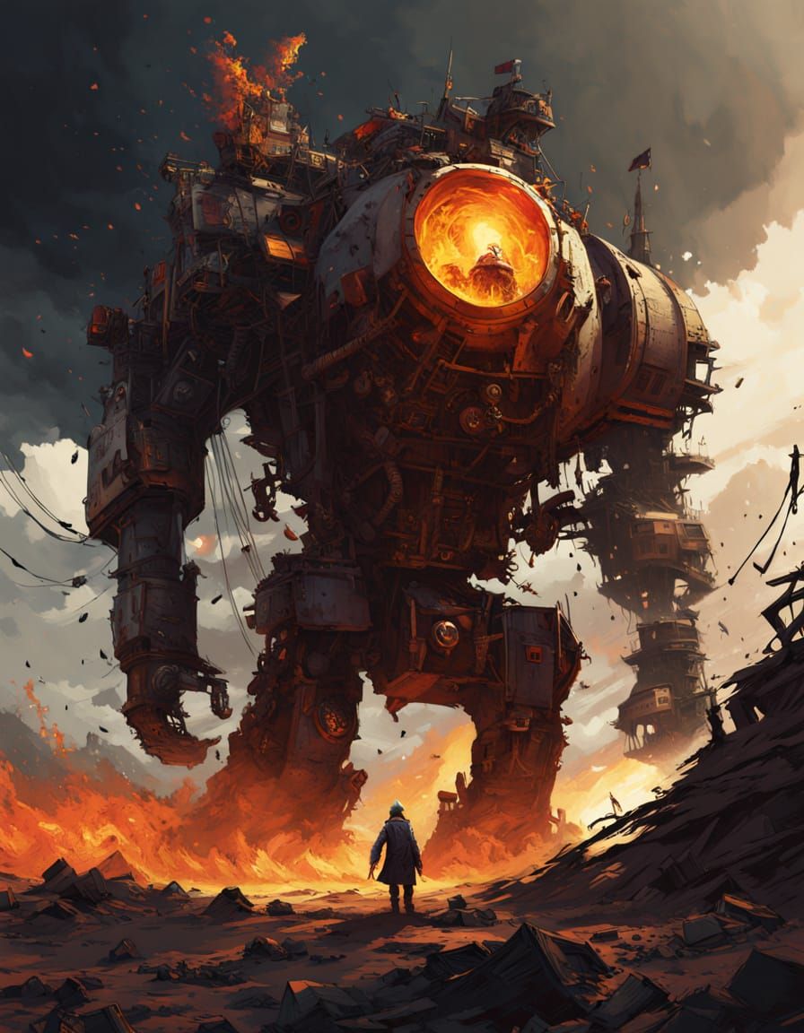 Cyberpunk Warrior Unleashes Inferno in Turbulent Sky