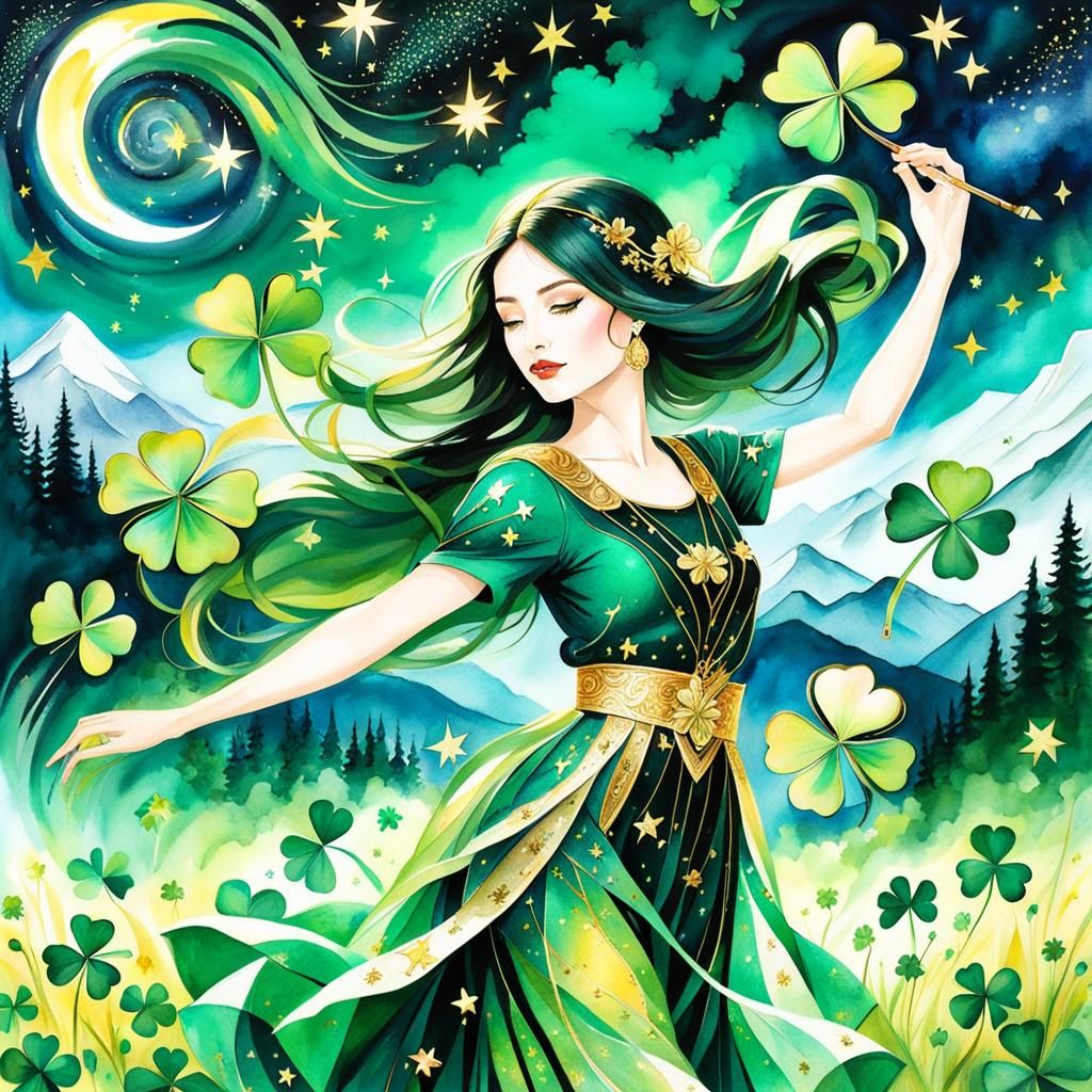 Emerald Girl Dancing in Clover Field at Twilight