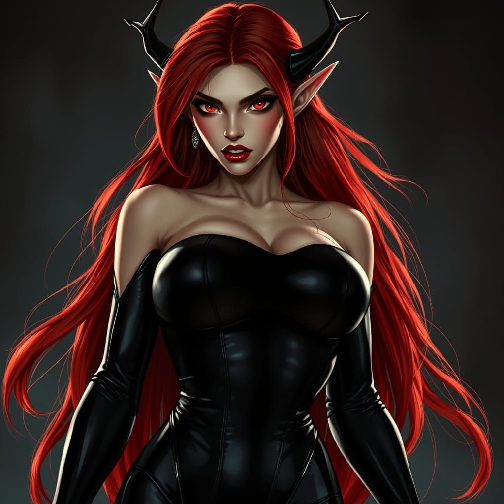 Gothic Vampire Elf Goddess in Black Latex Armor