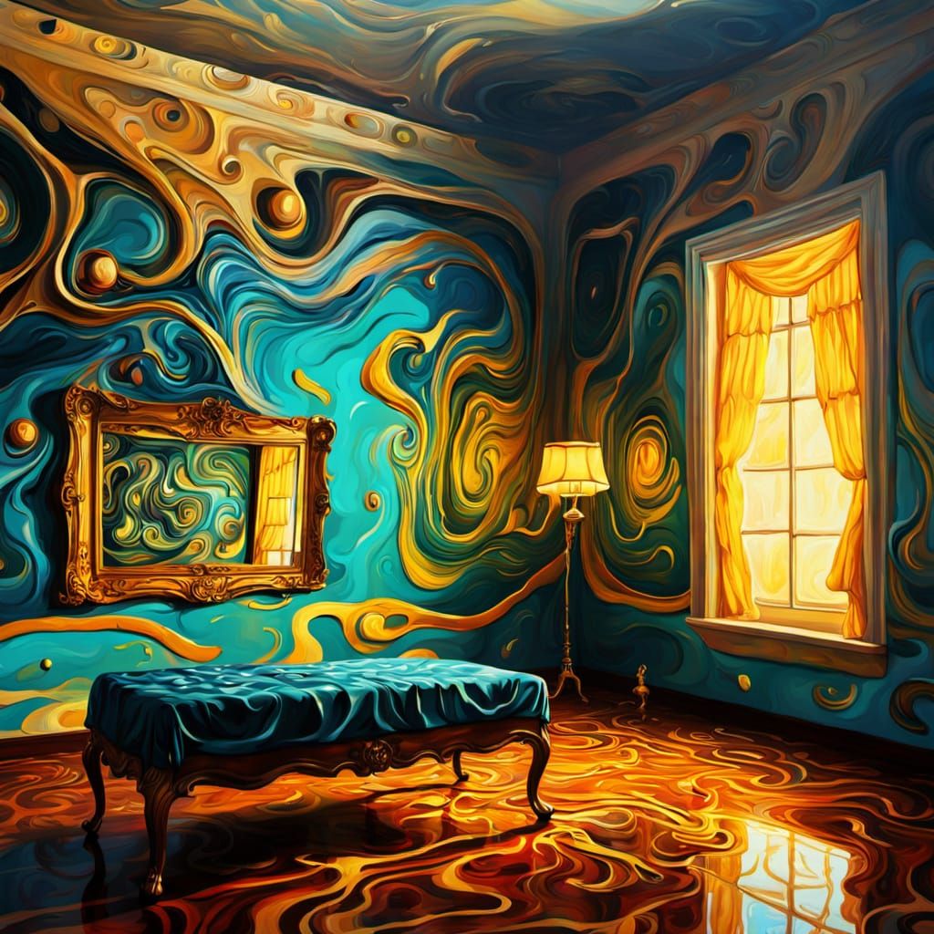 Surreal Room with Swirling Patterns as Oil Painting