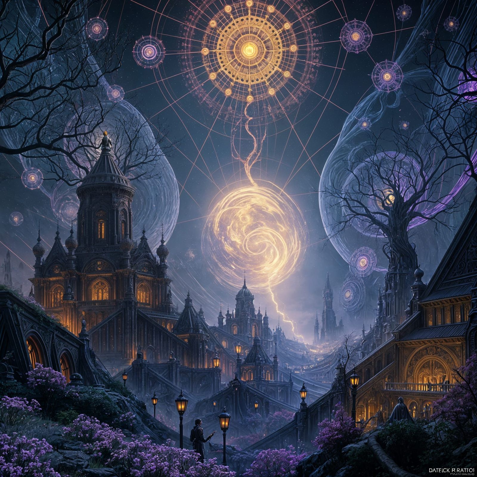 Intricate Invisible Chain Reactions in Dark Fantasy Style