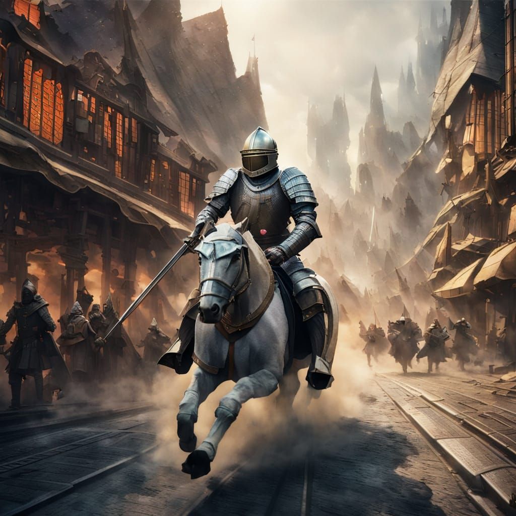 Medieval Knight Rides Through Futuristic Cityscape