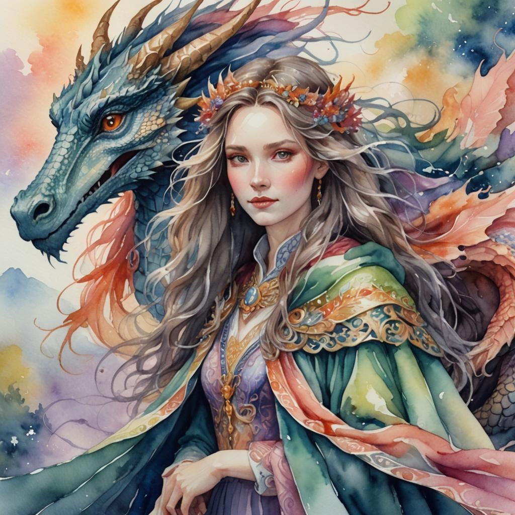 mystical lady riding a dragon WATERCOLOR
