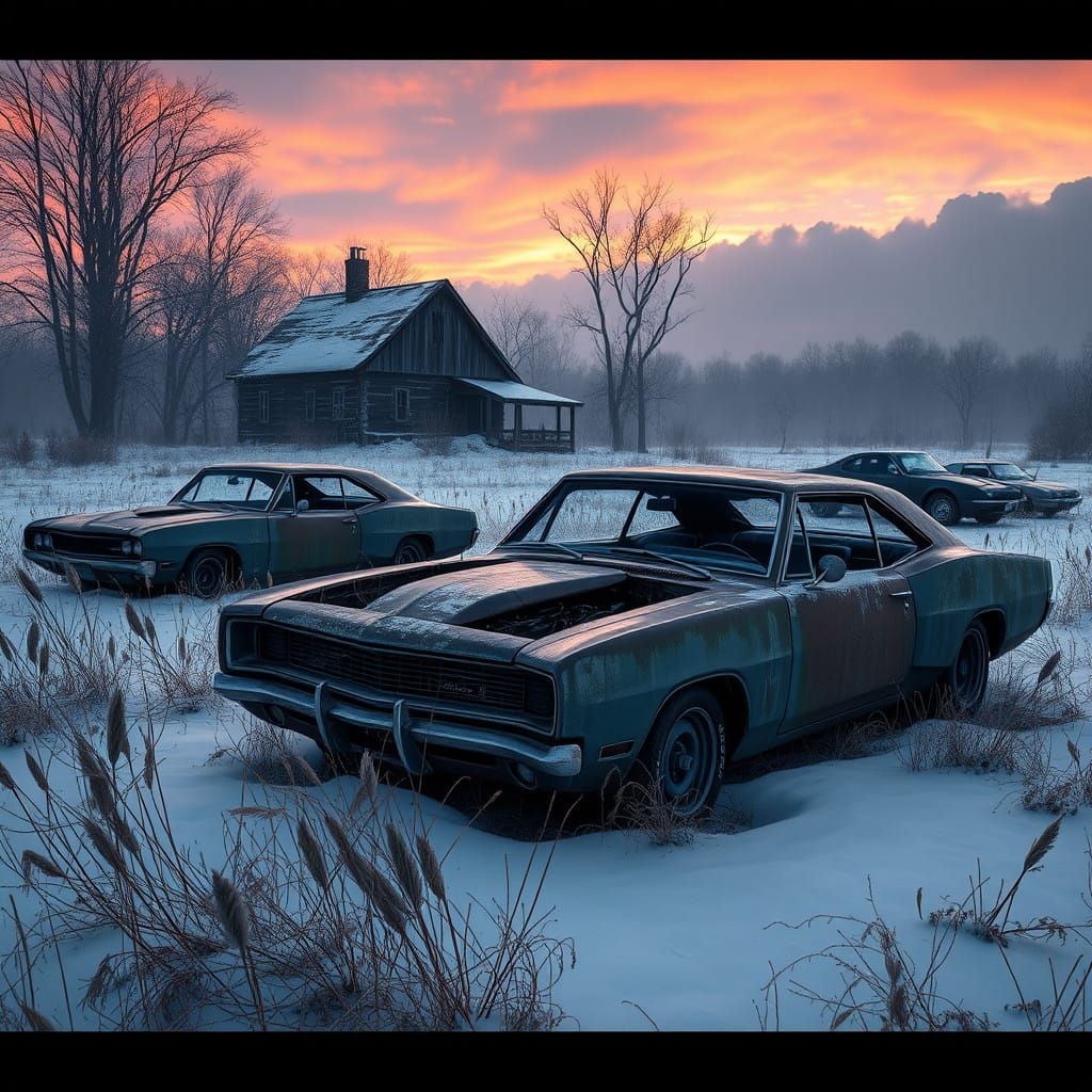 Rusty Abandoned Muscle Cars in Winter Wonderland