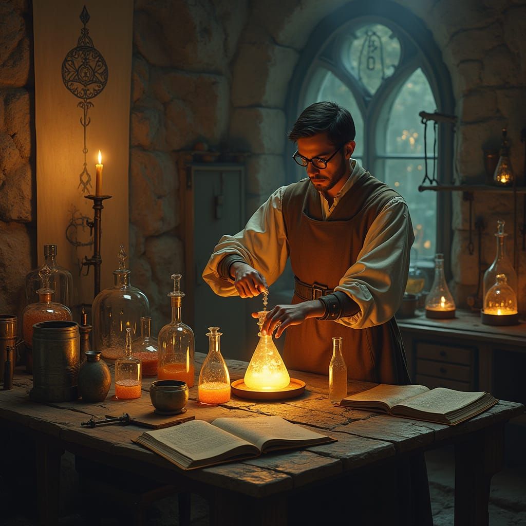 Medieval Alchemist's Sanctuary in Candlelit Splendor