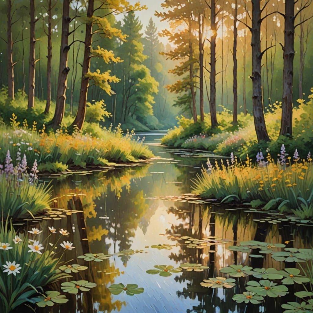 Impressionist Forest Path with Sunlit Pond