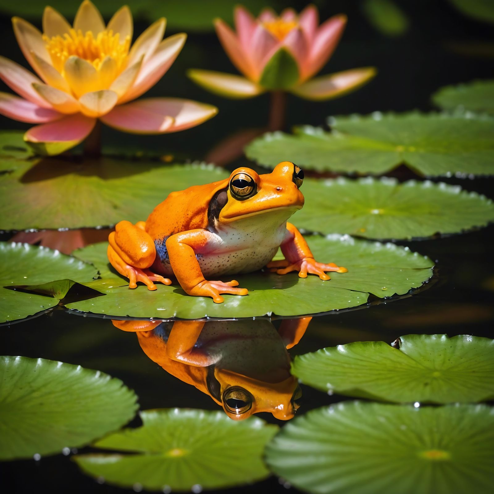 Orange Frog on Water Lily, Macro Photography