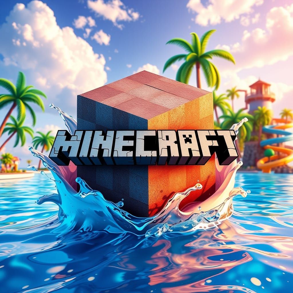 A Minecraft logo game design that is summer themed on a tropical island with palm trees and slides with a 3D splash effe...