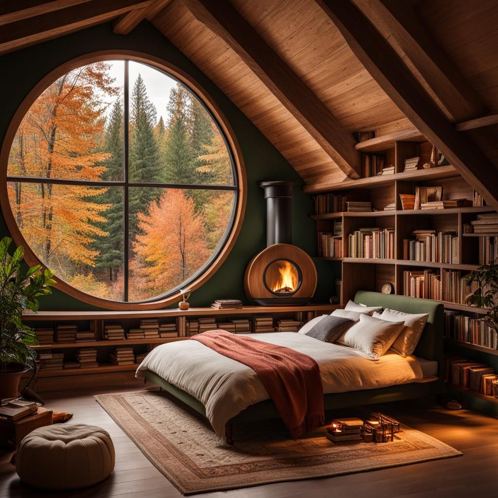 Cozy Forest House Room with Fireplace
