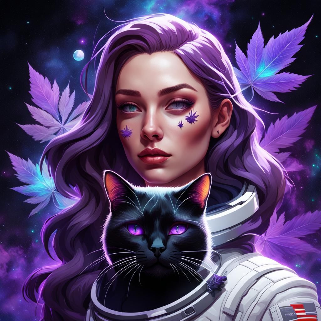 Girl with Cat in Space, Detailed Digital Art