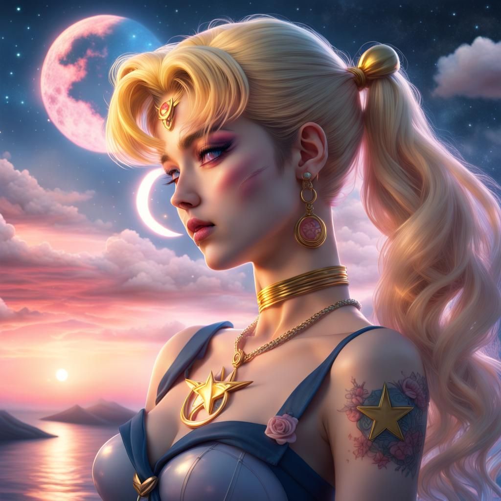 Sailor Moon with Tattoos in Dreamy Sunset