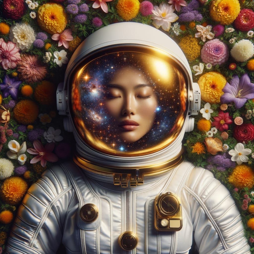 Astronaut in Serene Garden with Cosmic Reflections