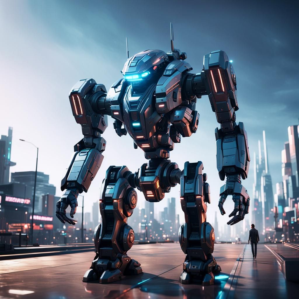 Mech in Futuristic Cityscape: Sci-Fi Concept Art