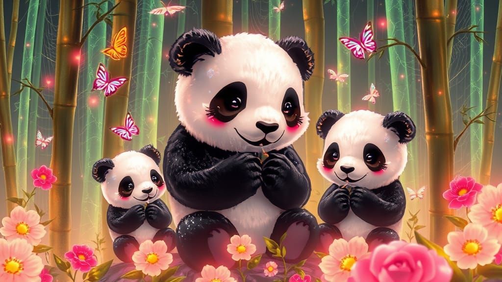 Luminous Panda Family in Fiberoptic Bamboo Grove