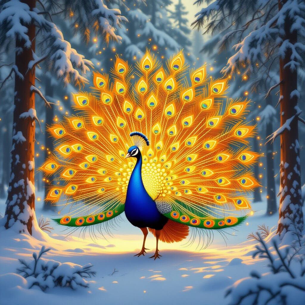 Luminous Peacock Dance in Winter Forest