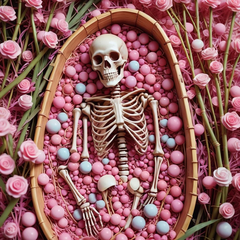 Surreal Pink Skeleton Bonbon in Bamboo Coffin
