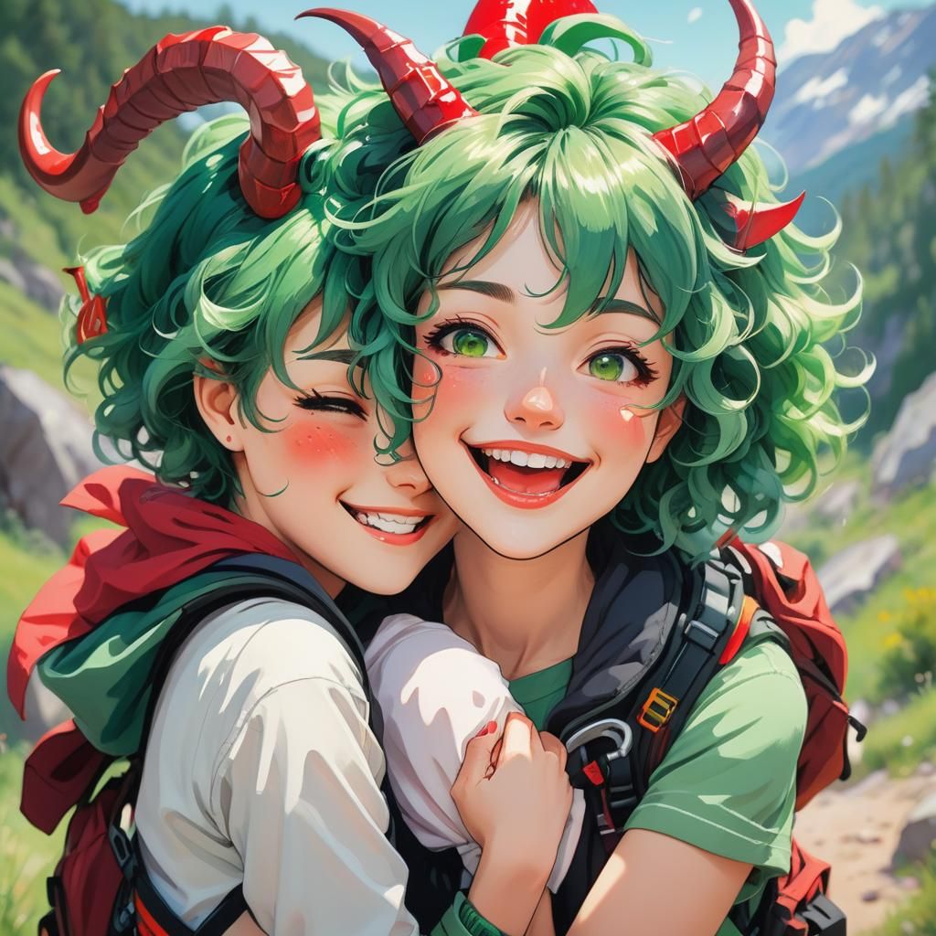 Smiling Women Embrace in Vivid Anime Impressionist Style