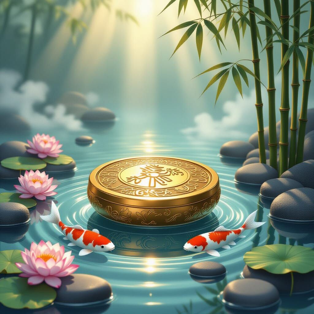 Golden Bagua Mirror with Koi and Lotus in Chinese Style