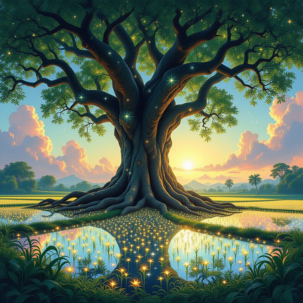 Luminescent Banyan Tree Over Rice Field