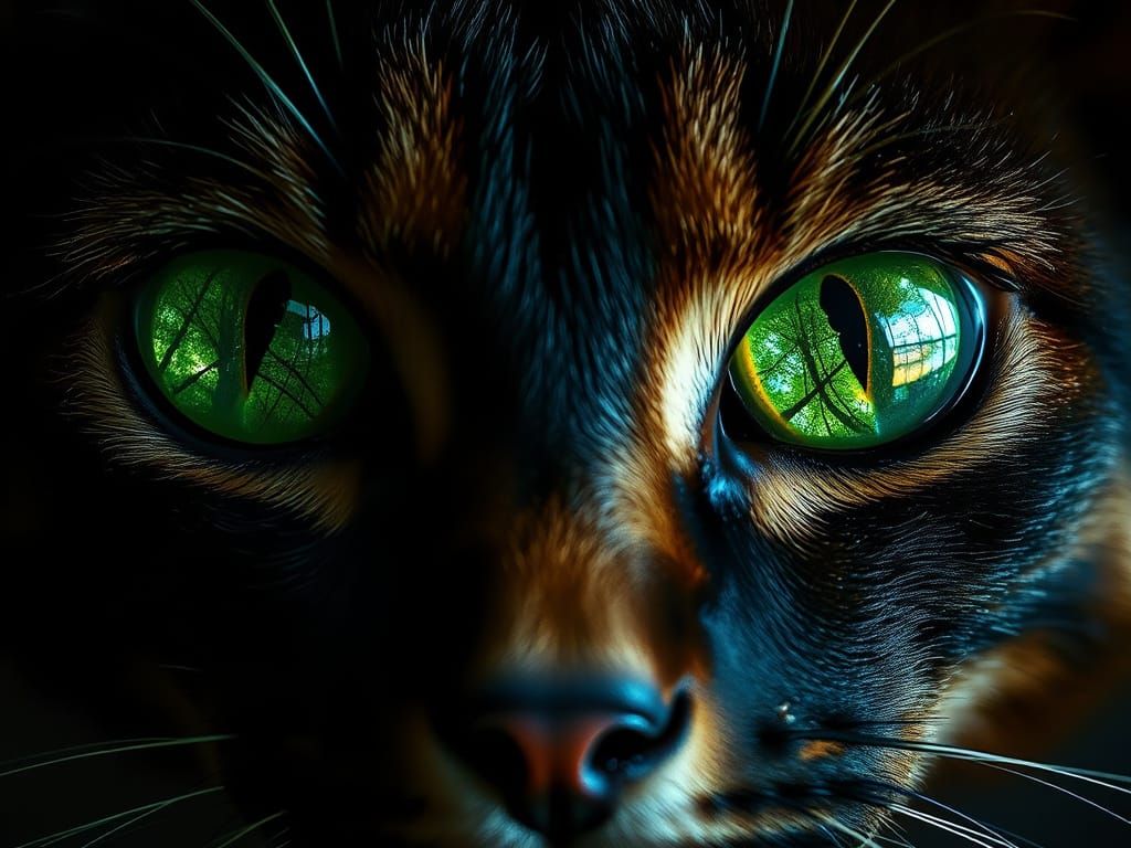 Whimsical Feline Portraits in Vibrant Green, Reflecting Myst...