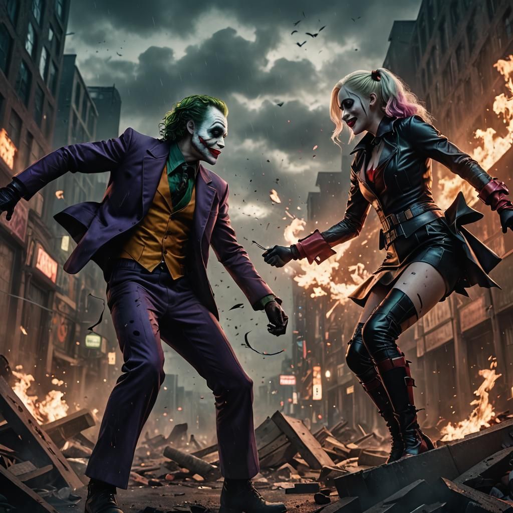 The battle between the Joker and Harley Quinn.