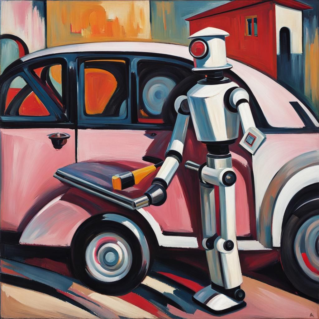 Anthropomorphic Robot Cleans Car, Expressionist Painting