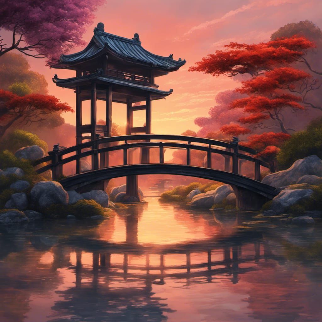 Japanese Garden Bridge at Sunset: Impressionist Painting