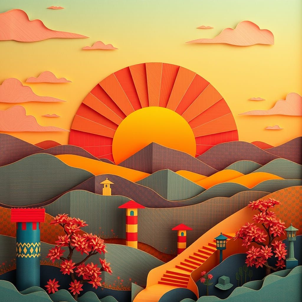 Layered Papercraft Sunset in Retro Colors