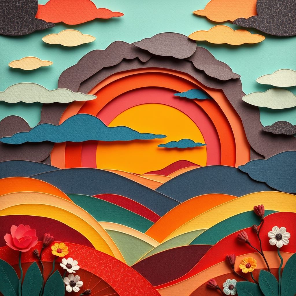 Colorful Paper Sunset in Retro Style