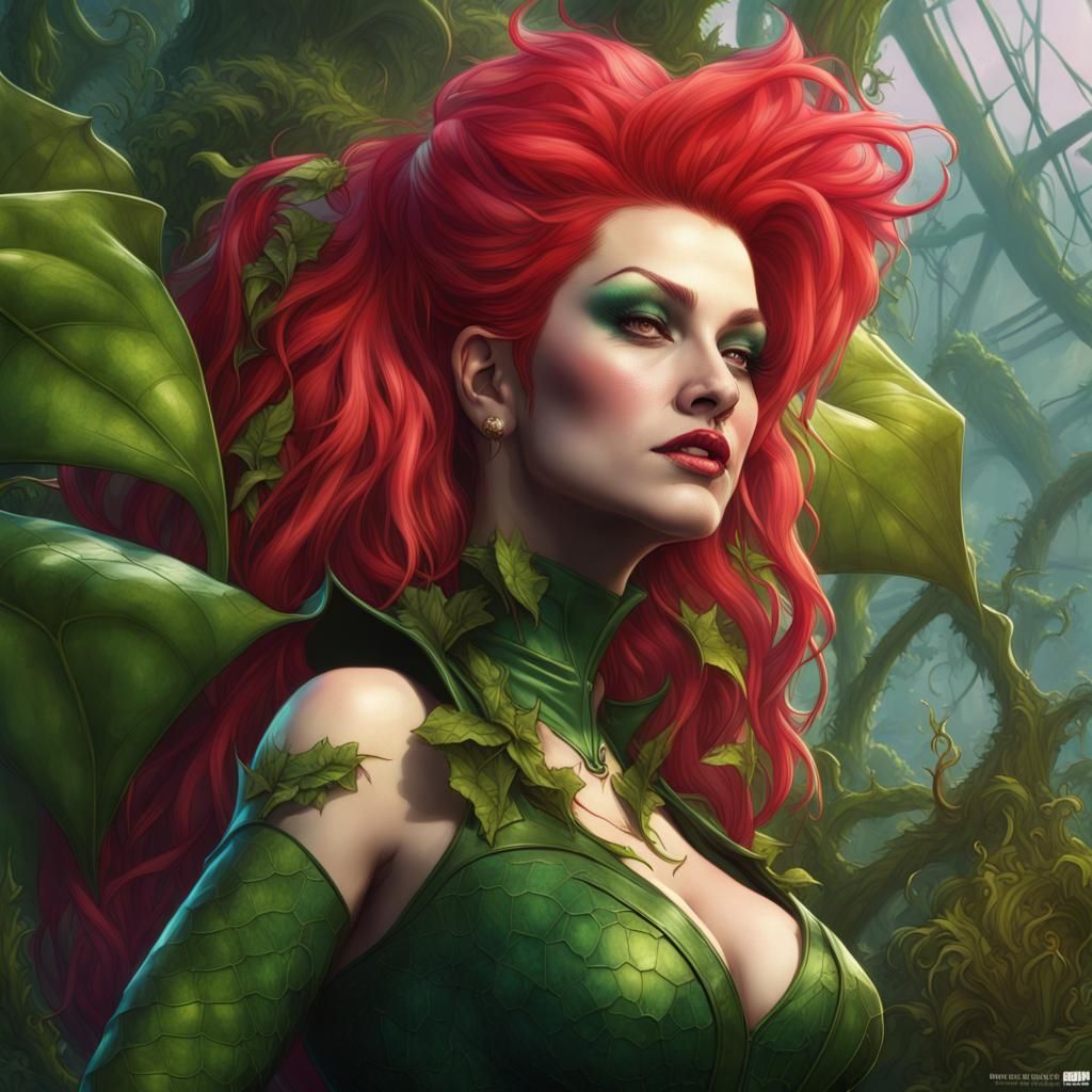 Poison Ivy Tending Carnivorous Garden in Art Nouveau Style