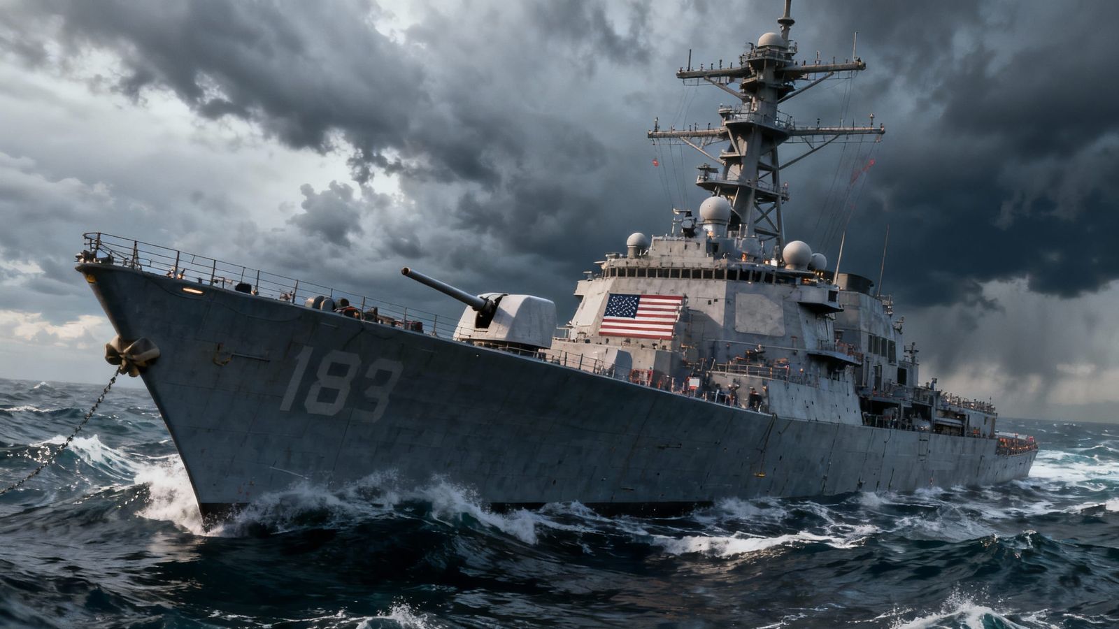 US Navy Destroyer in Stormy Seas