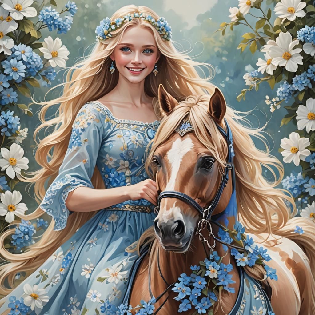 Girl with Flowers in Hair Riding Horse