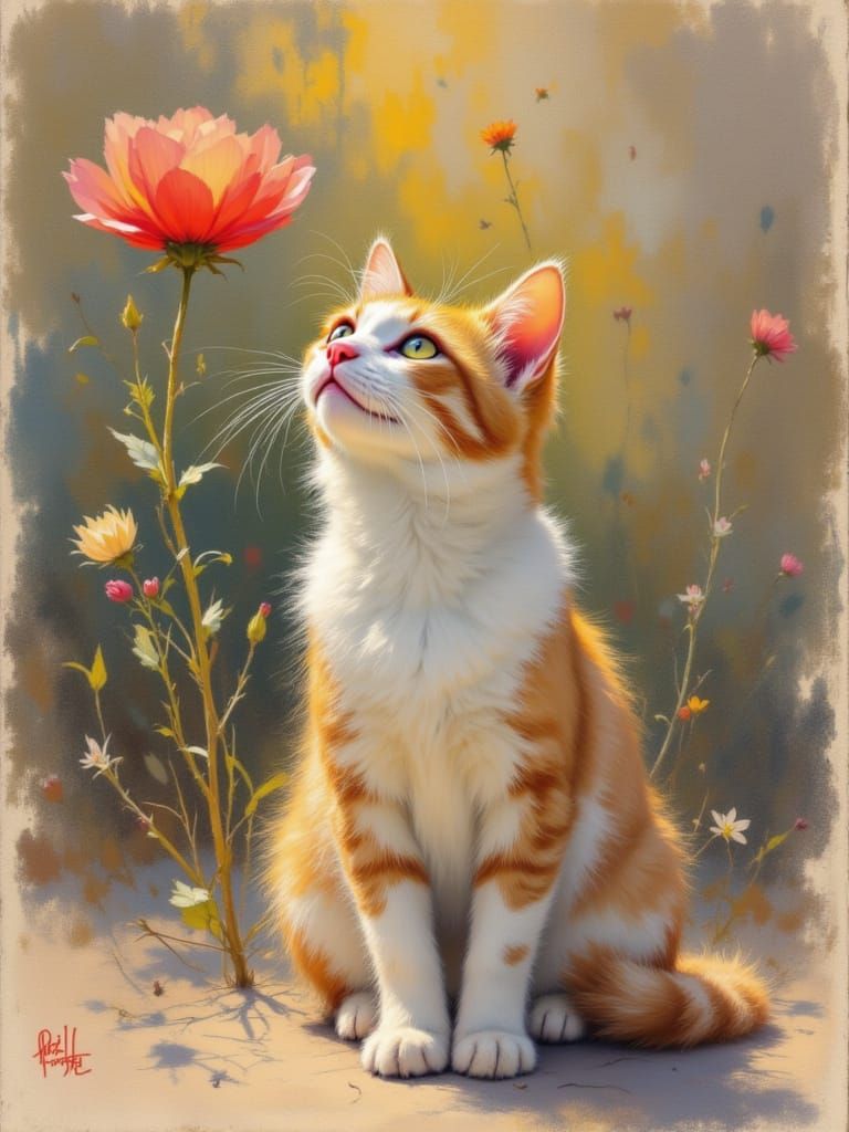 Cat Contemplates Ancient Secrets Under Pastel Bloom