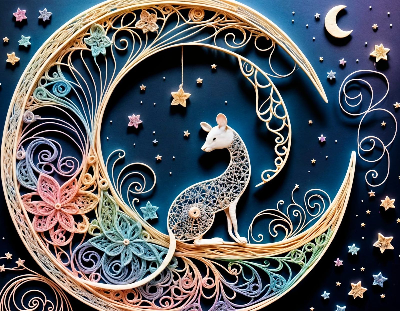 Delicate String Art: Moon with Animal Inside