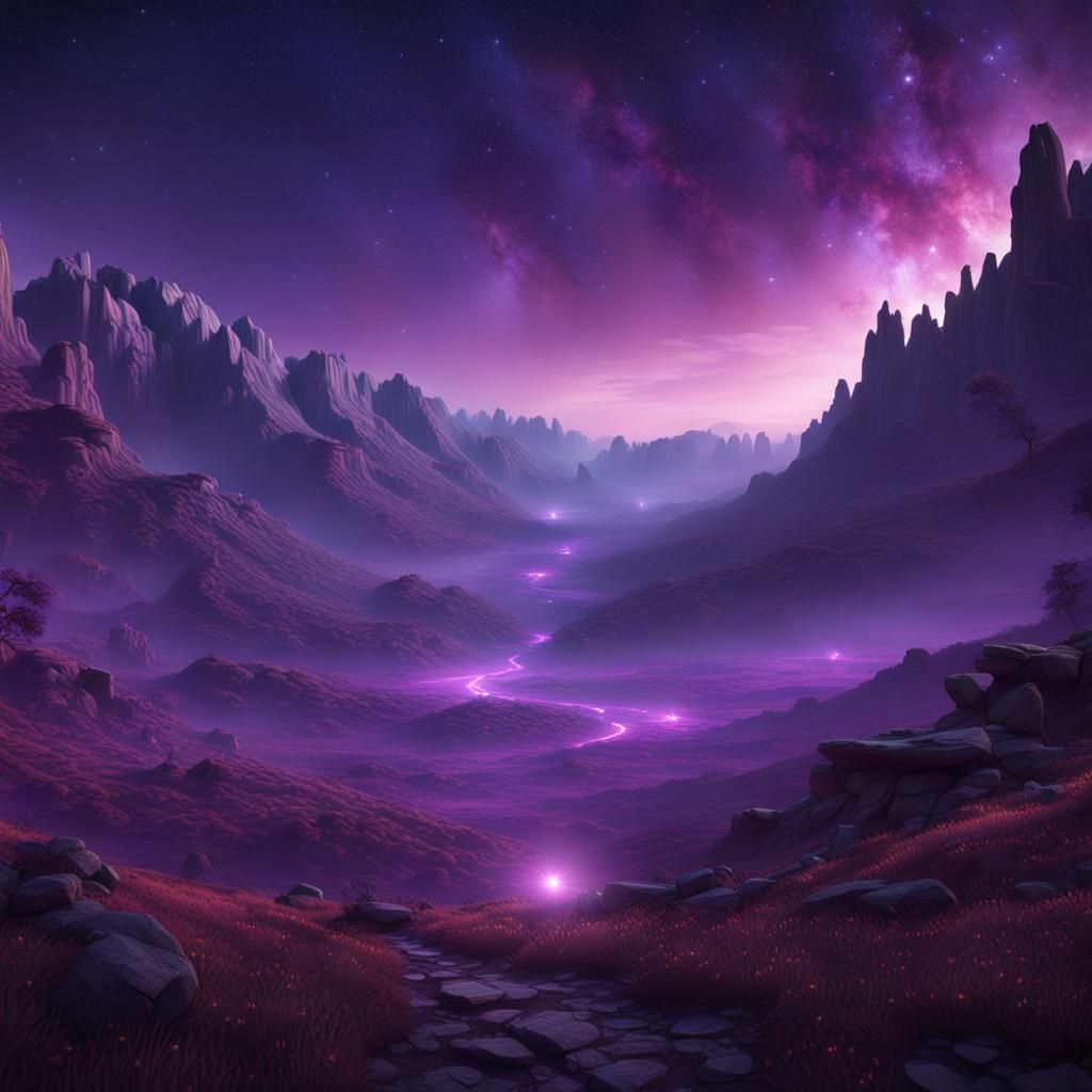 Valley Purple Lights Under Starry Sky