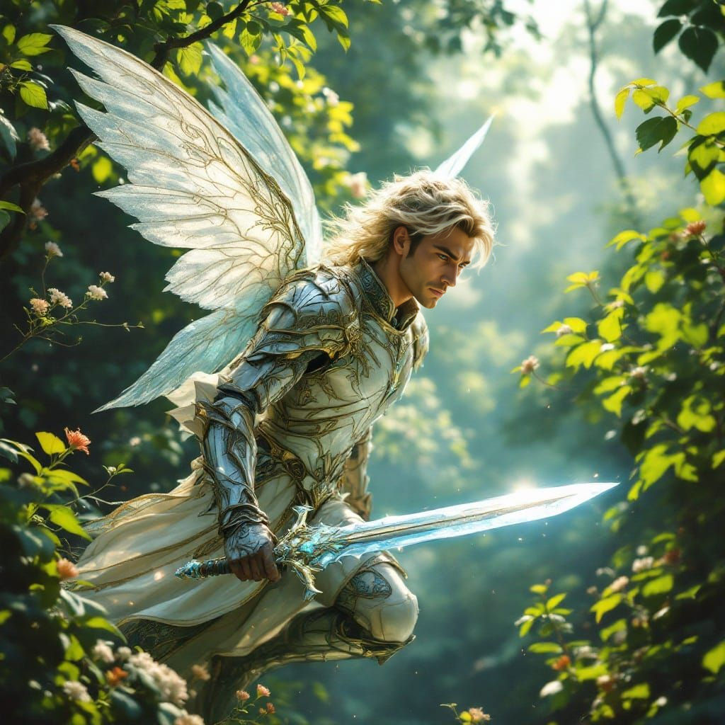 Dashing Fae in Opal Armor Flies Through Enchanted Forest