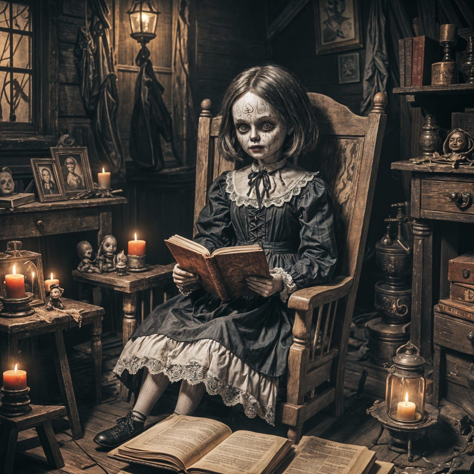 Eerie Attic Scene: Annabelle Doll Reading