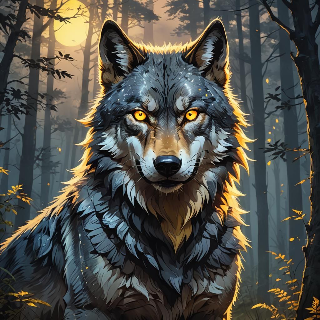 Anime Wolf Portrait in Vibrant Dusk Landscape