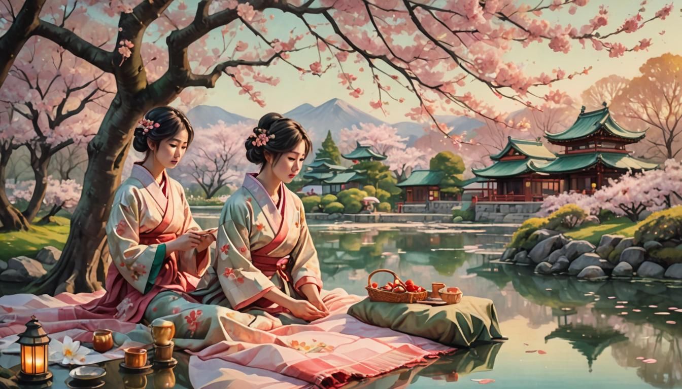 Cherry Blossom Picnic: Watercolor and Oil Painting Fusion