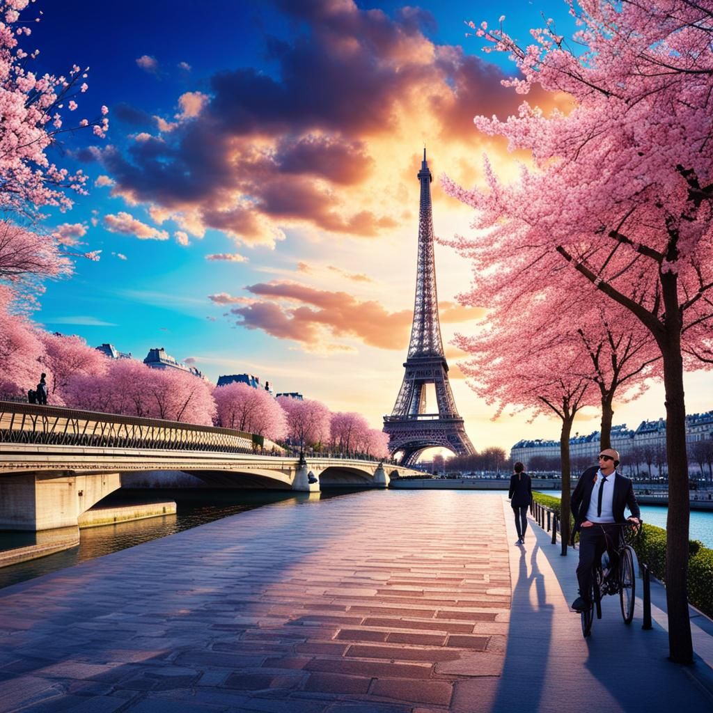Paris Scene with Eiffel Tower and Cherry Blossoms