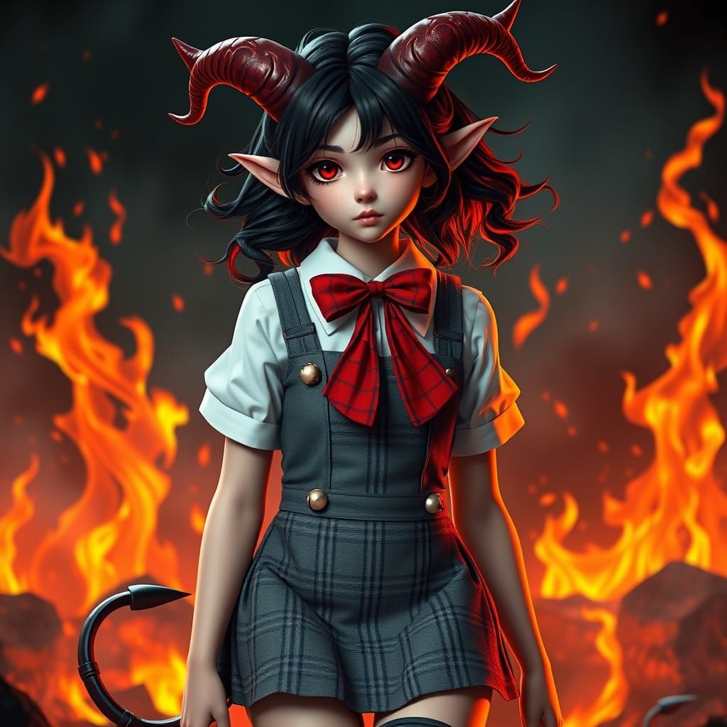 Elegant Demon Schoolgirl in Fiery Hellish Landscape