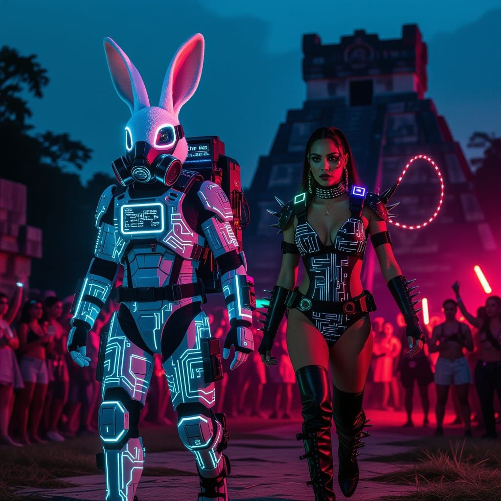 Cyberpunk Rabbit-Human Hybrid Speeds Through Futuristic Maya...