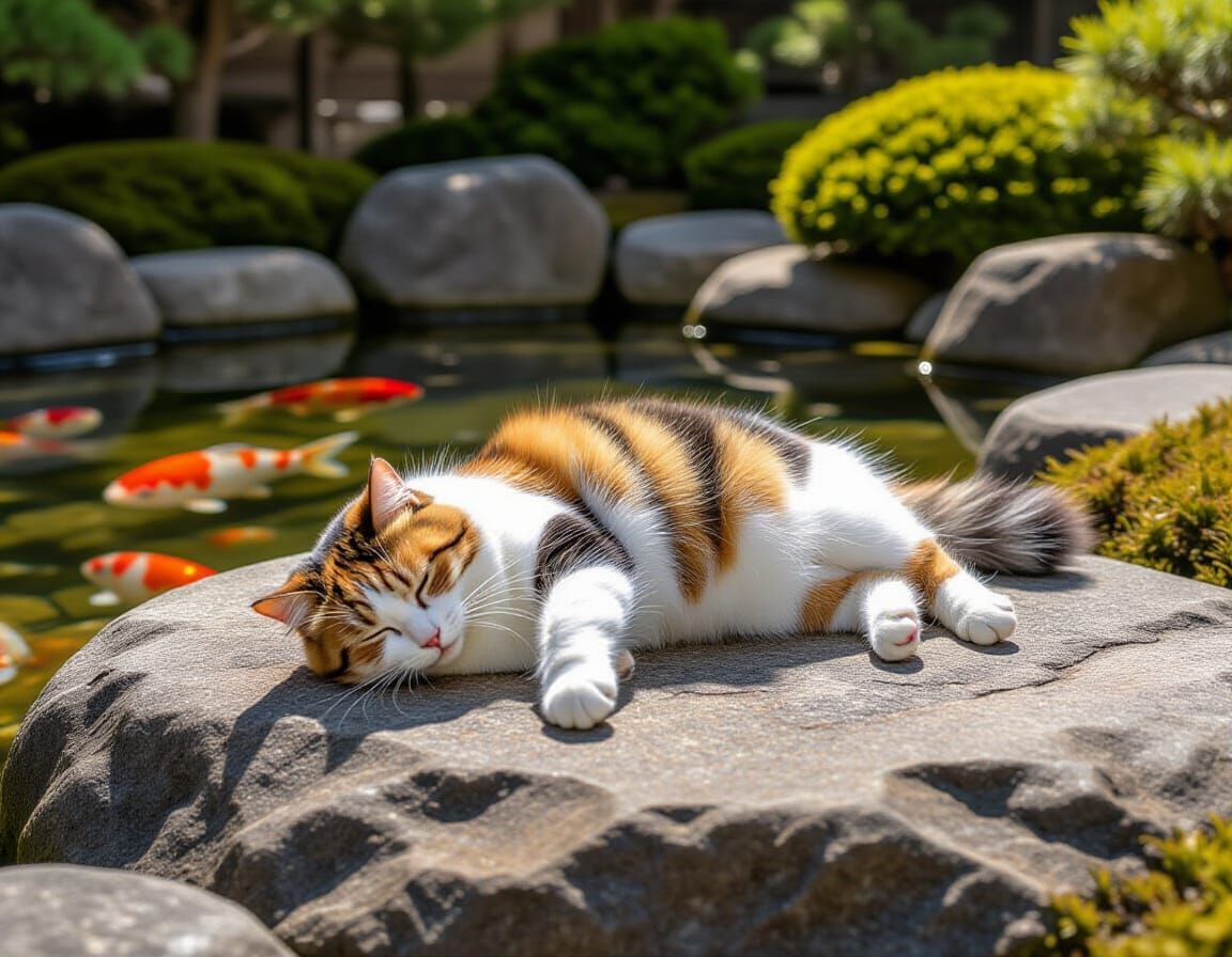 Calico Cat Naps in Sunny Japanese Garden