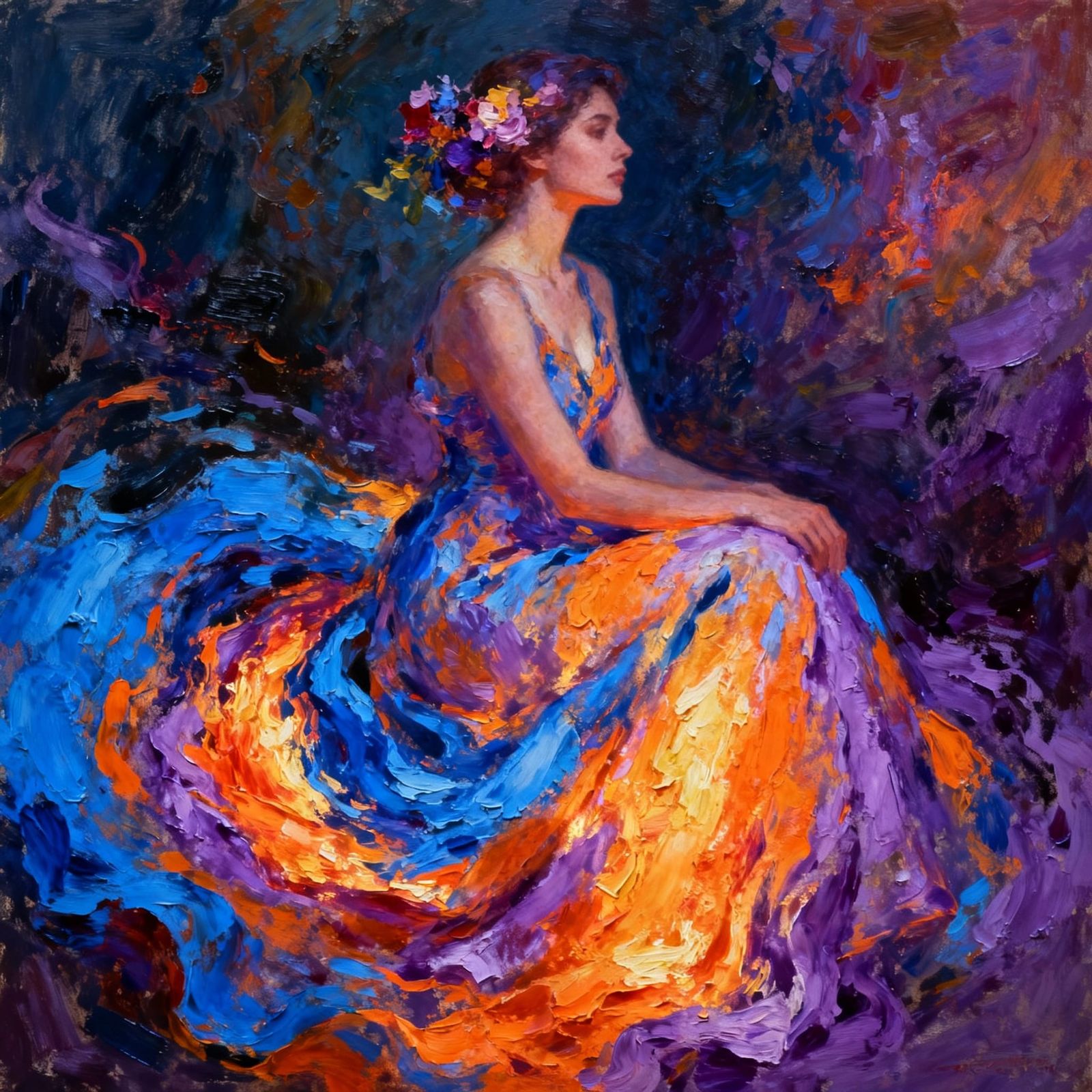 Woman in Vibrant Abstract Color Storm