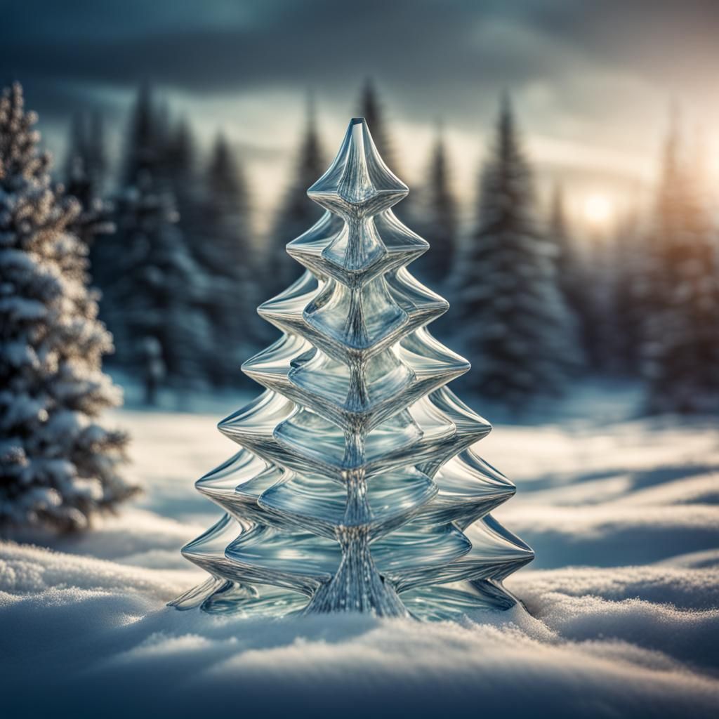 Glass Christmas Tree in Winter Landscape, Hyperrealistic HDR