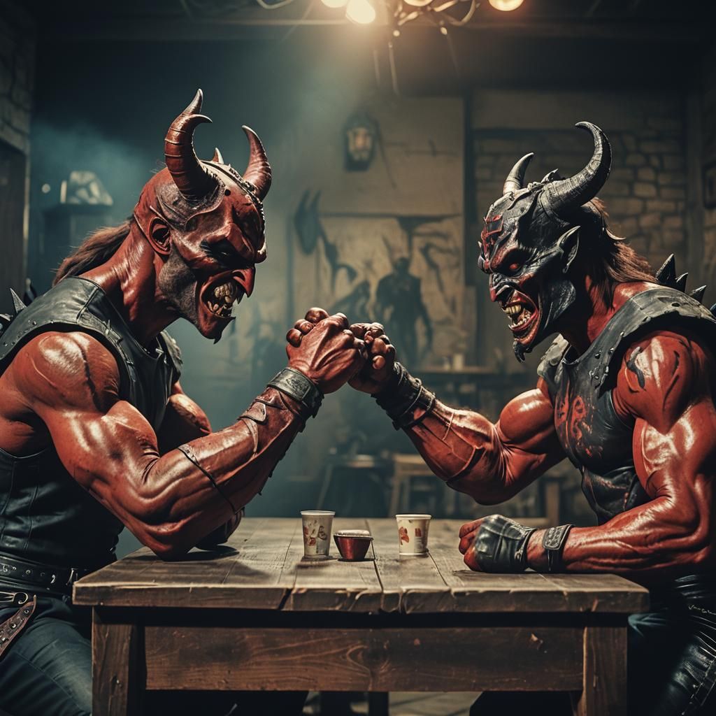 Devils Arm Wrestling: A Cinematic Film Still