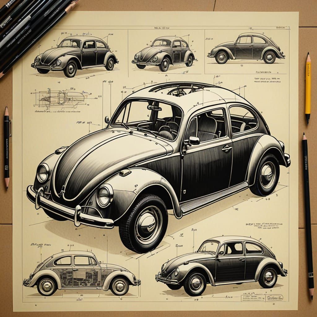 Vintage VW Beetle Chassis Blueprint in High-Contrast Black a...