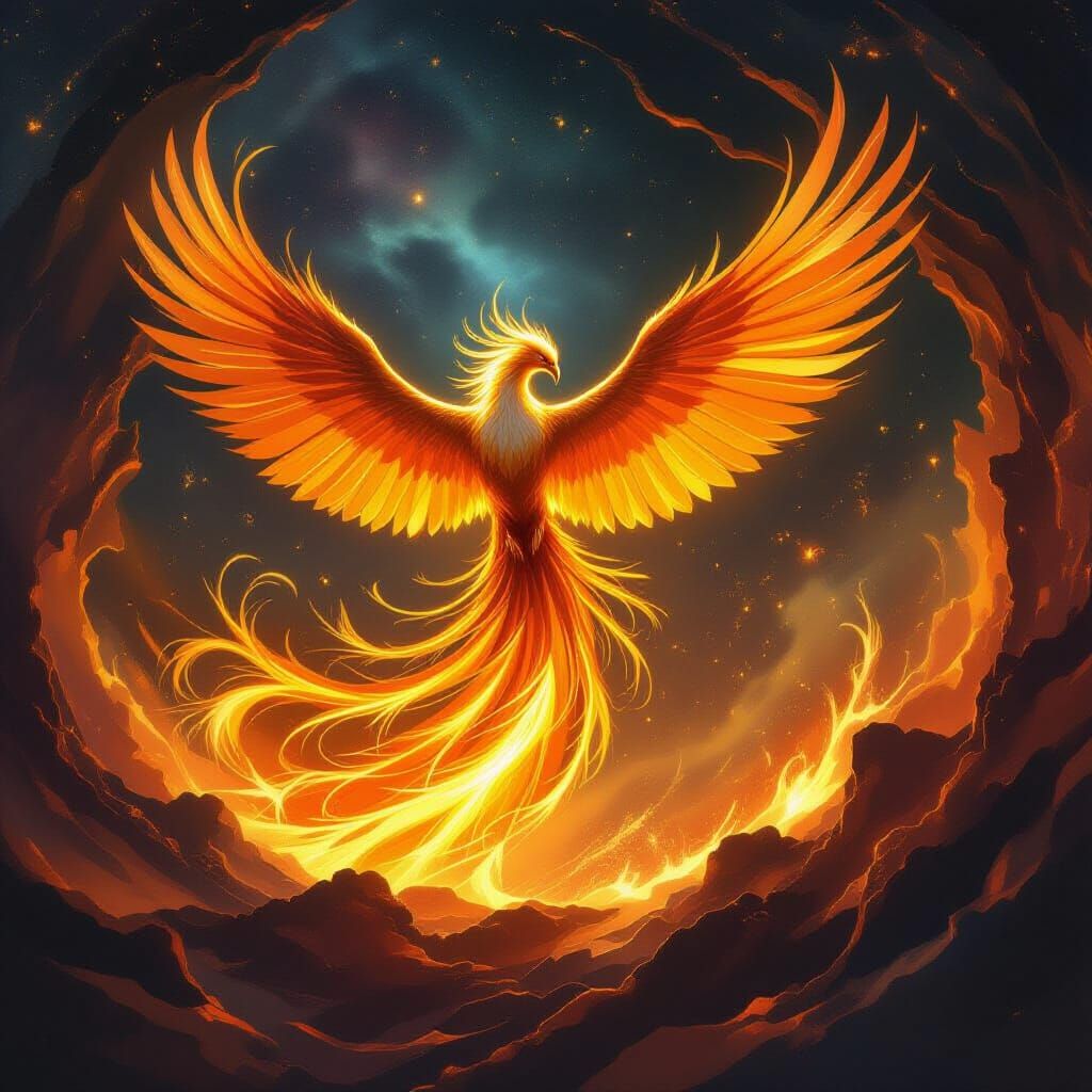 Majestic Phoenix Rises From Fiery Cosmic Nebula